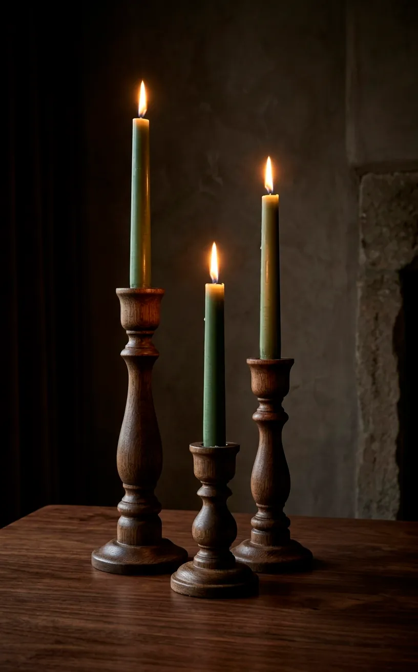 Set of three sculptural wooden taper candle holders with lit moss green candles.