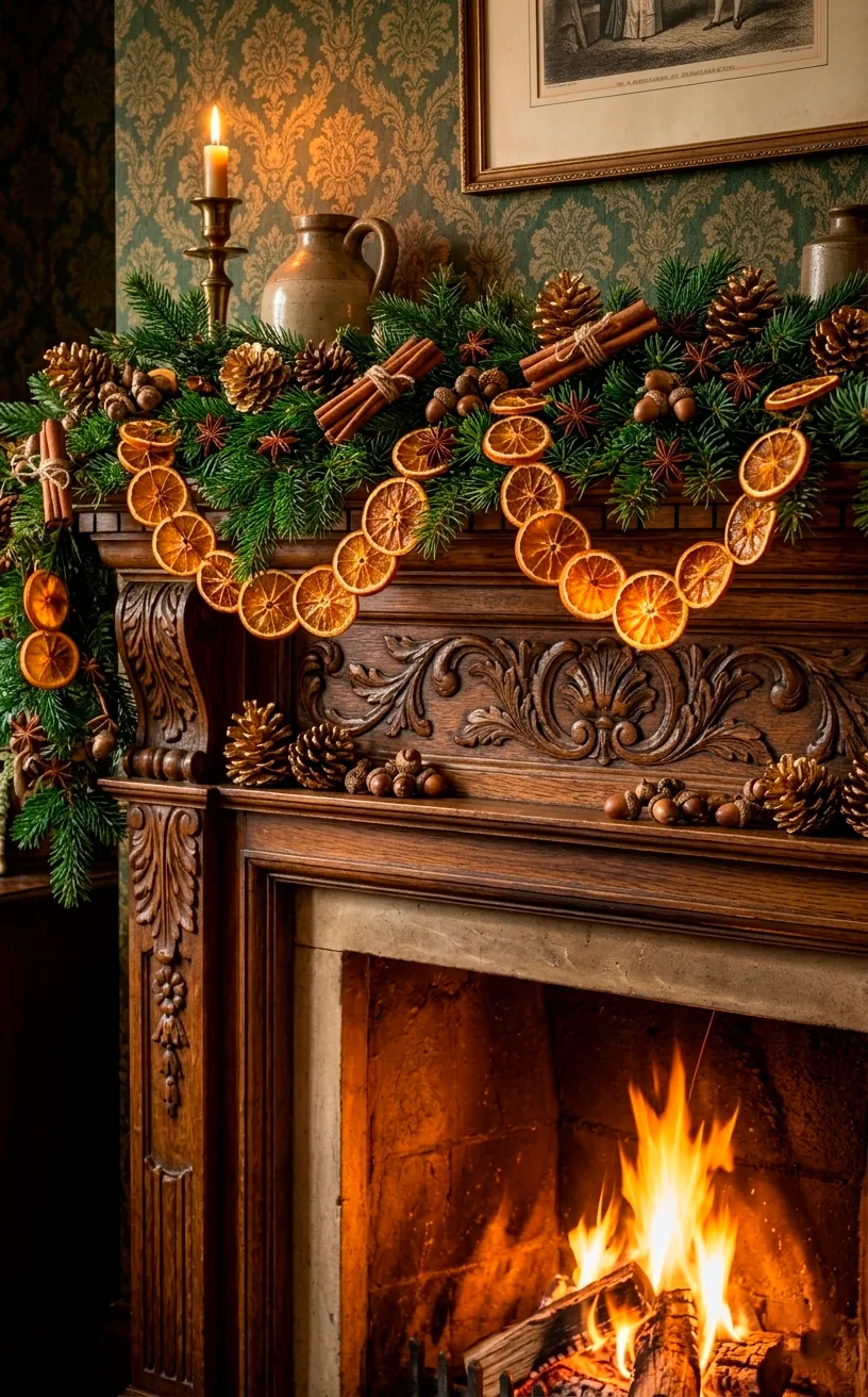 Garland of dried orange slices and cinnamon sticks on a Victorian mantel.