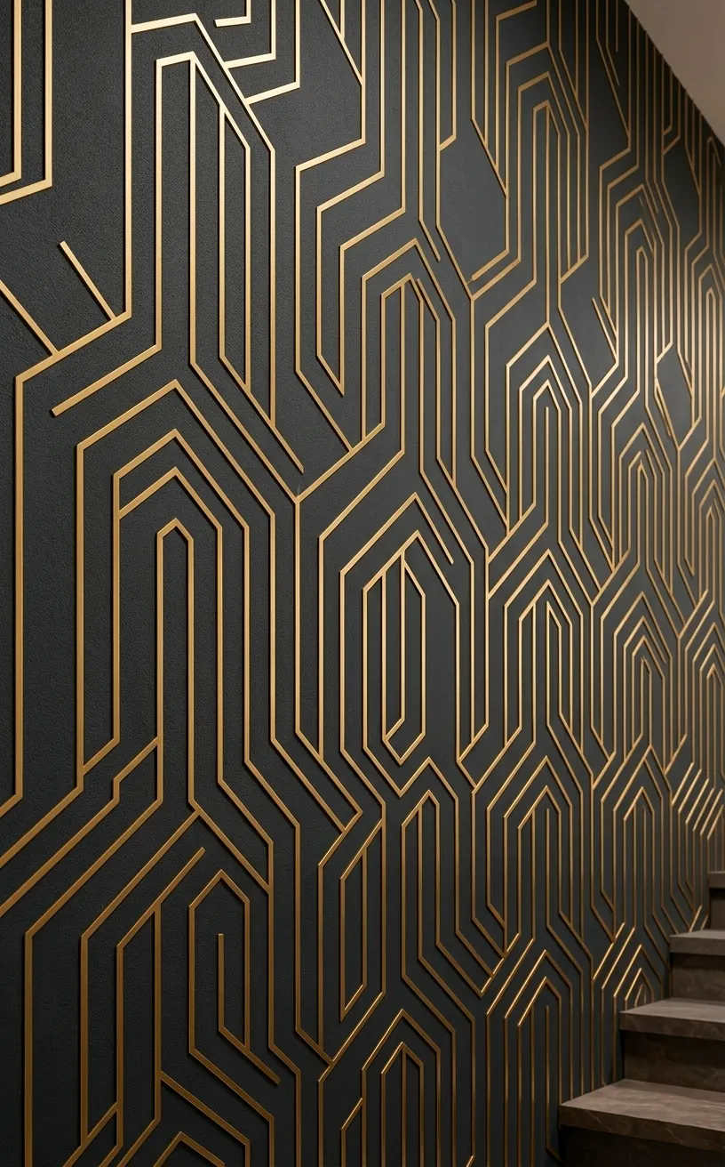 Geometric gold decals on a charcoal staircase accent wall.