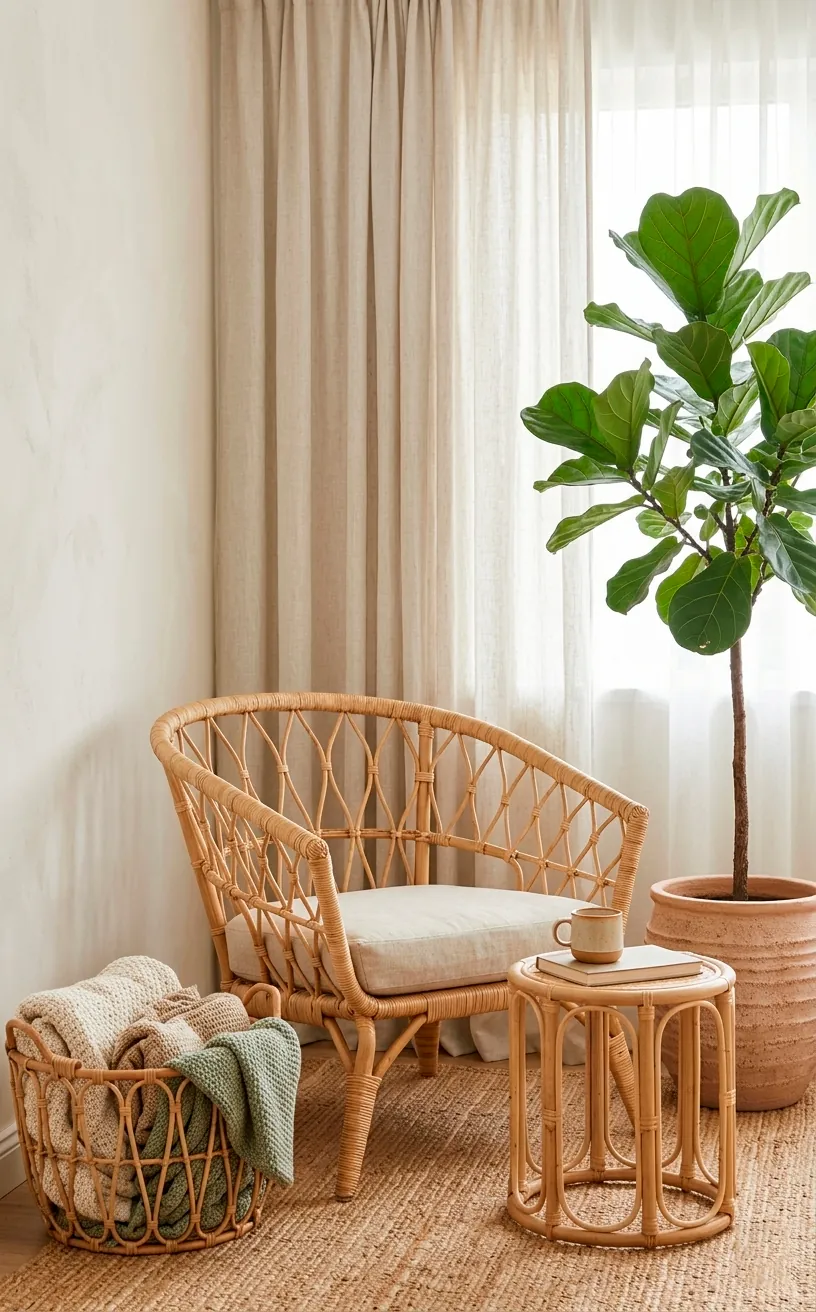 Rattan armchair and side table in a bright corner with a woven basket and linen curtains.
