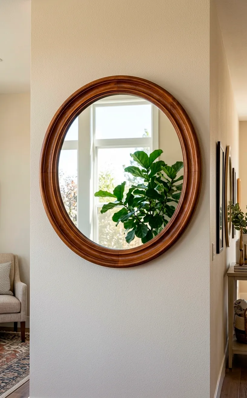 Large round mirror with a thick teak wood frame hanging on a minimalist wall.