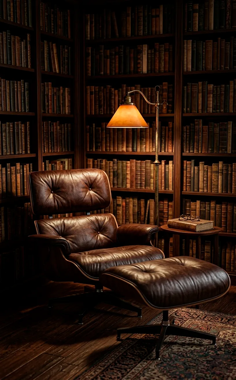 Espresso brown leather lounge chair and ottoman in a moody library setting.