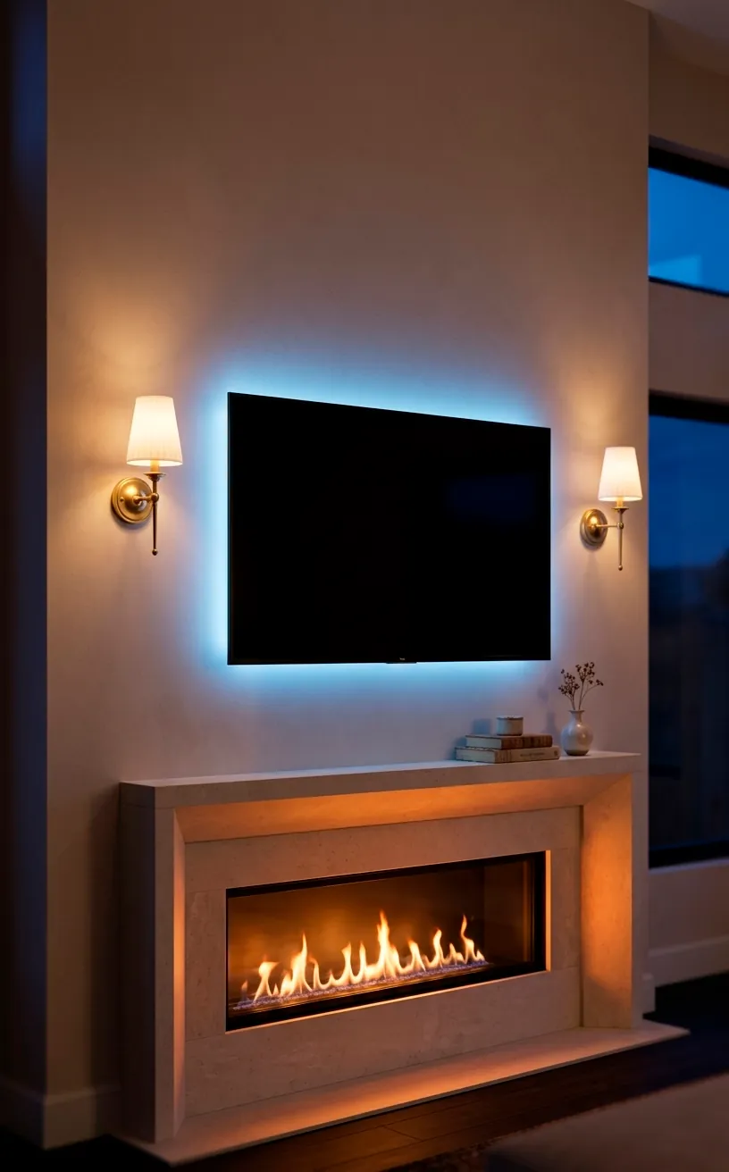 Living room fireplace wall with brass sconces and blue LED backlighting behind the TV.