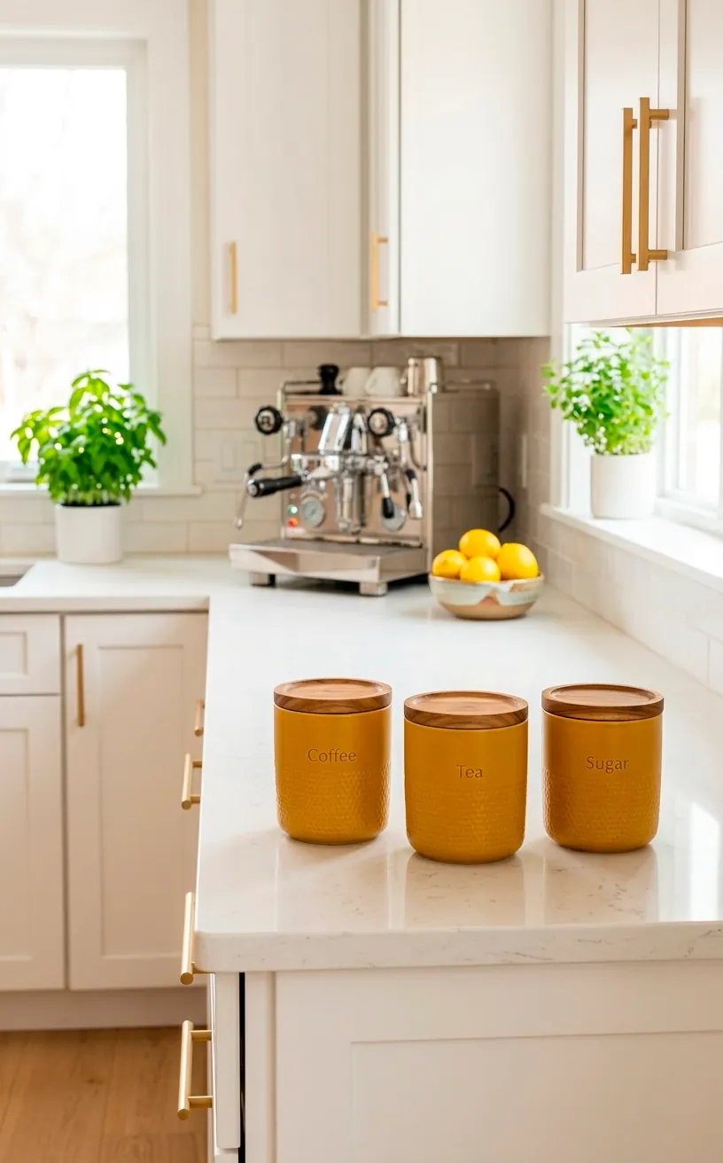 Mustard yellow kitchen canisters with wooden lids on a white quartz countertop.
