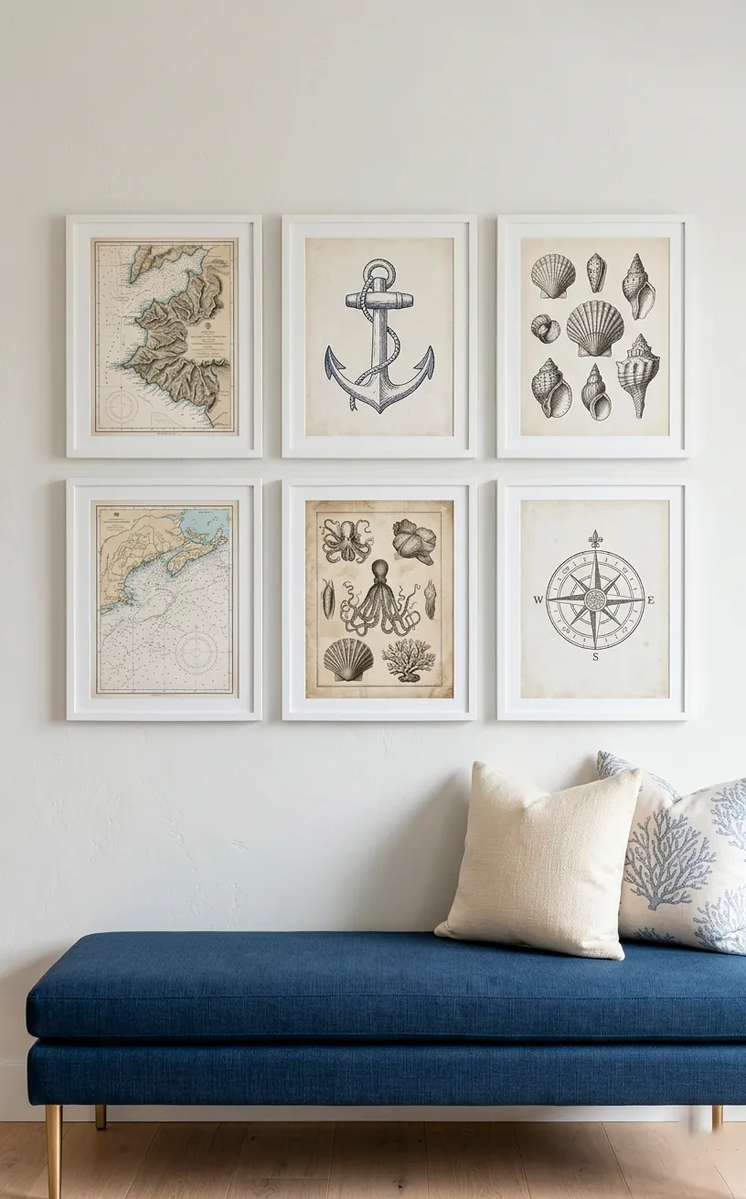 Nautical gallery wall with vintage maps and seashell prints in white frames.