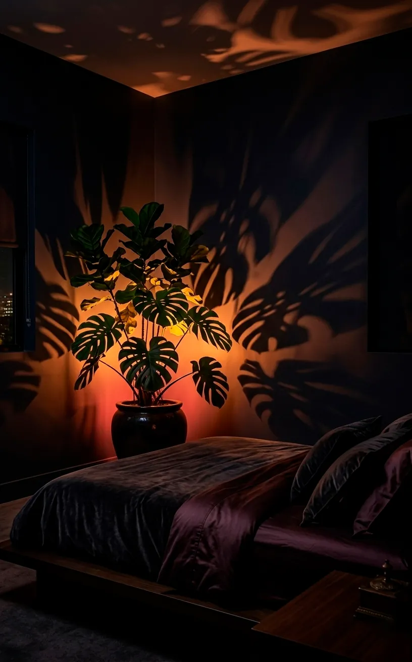 Moody bedroom lighting with amber and red tones casting floral shadows on walls.