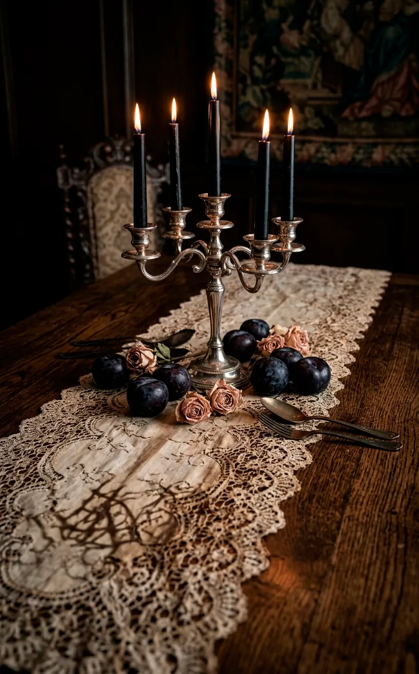Antique tea-stained lace runner on a dark oak dining table with black candles.