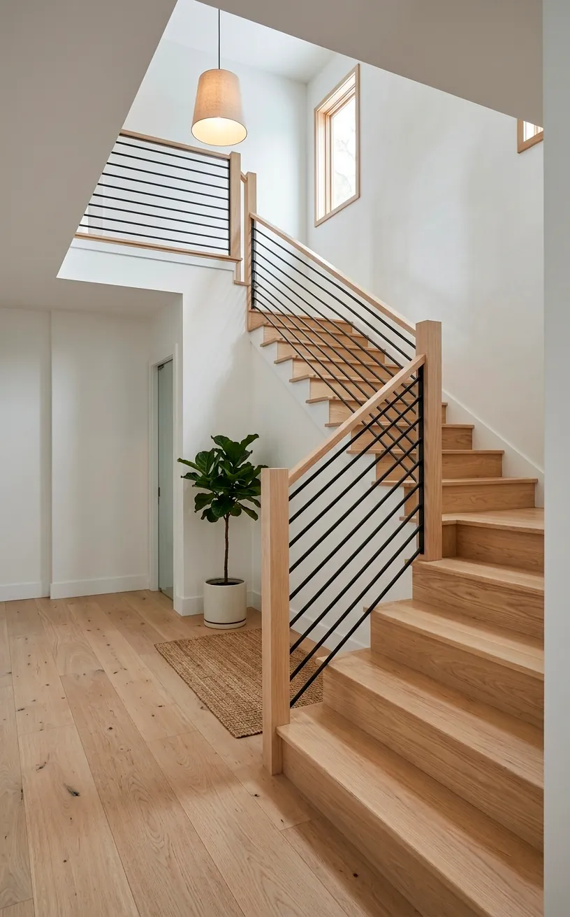 Scandinavian staircase with ash wood treads and horizontal iron rod railings.
