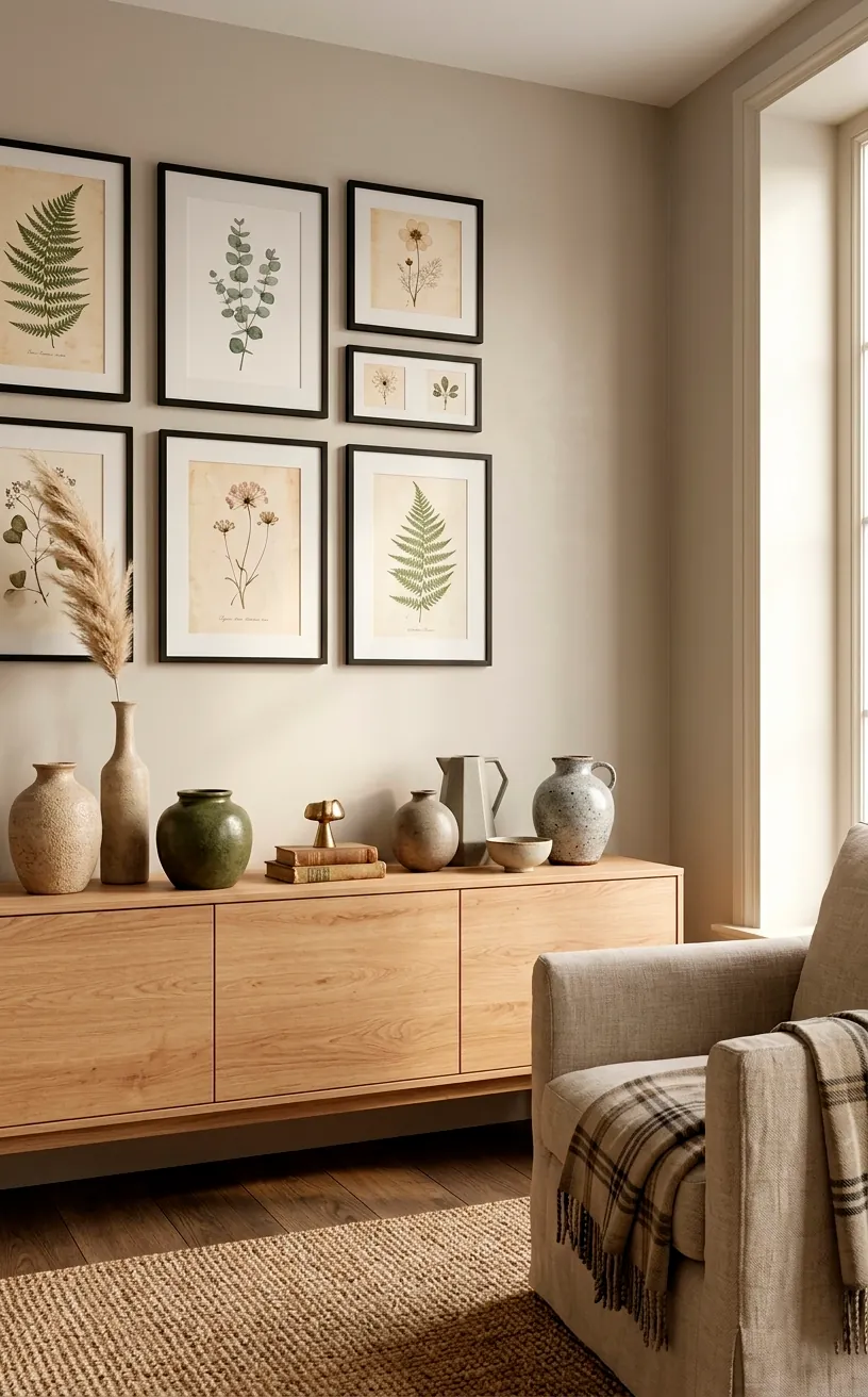 Cozy living room with Edgecomb Gray walls and botanical art.