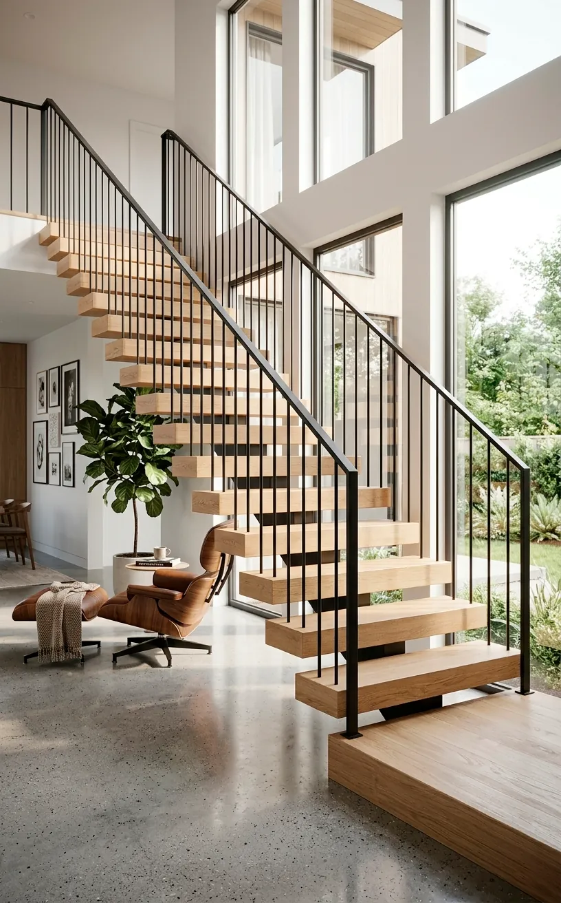 Modern staircase with white oak treads and matte black iron railings in a sunlit home.