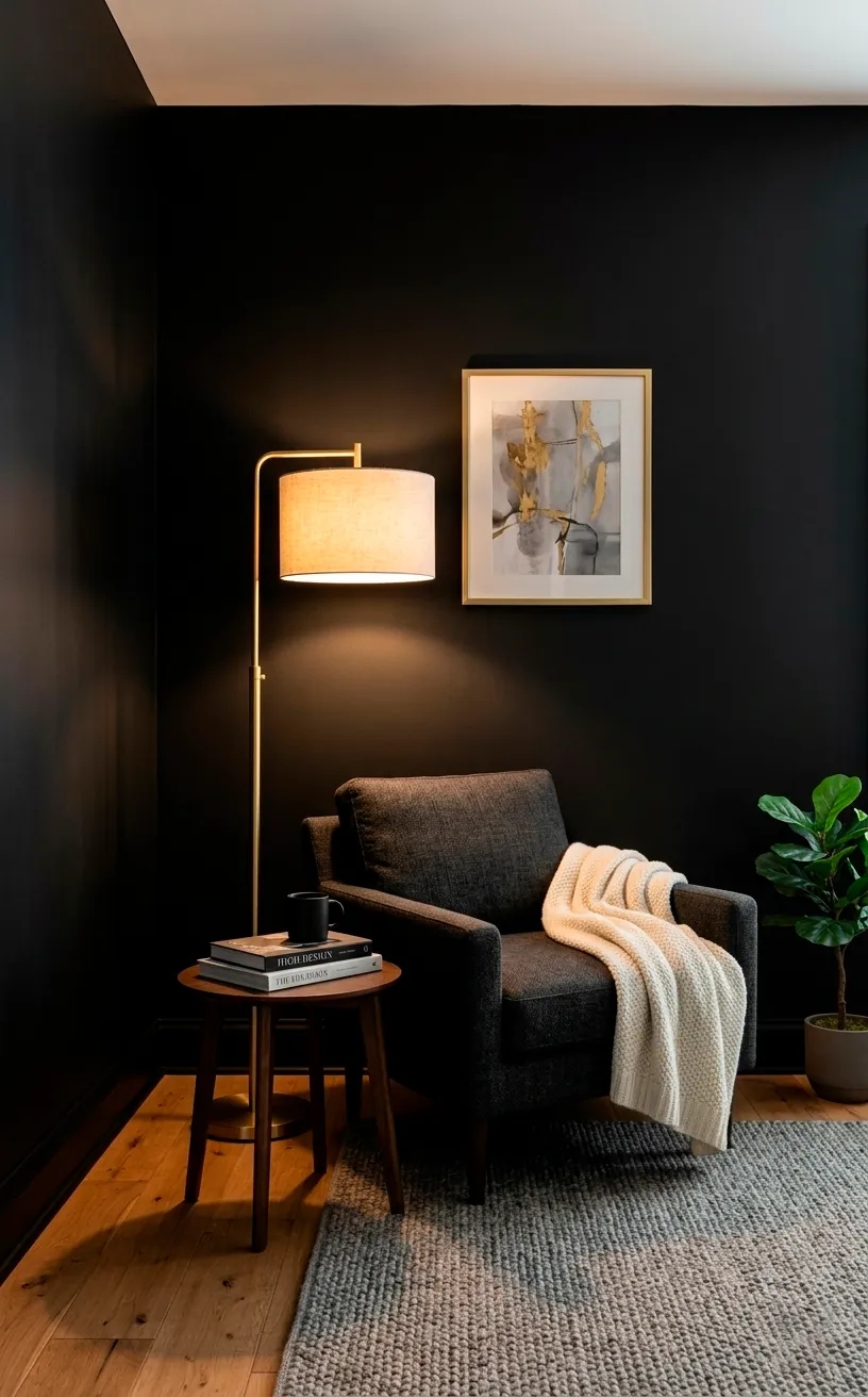 Moody small living room with a matte black accent wall and a glowing gold floor lamp in a corner.