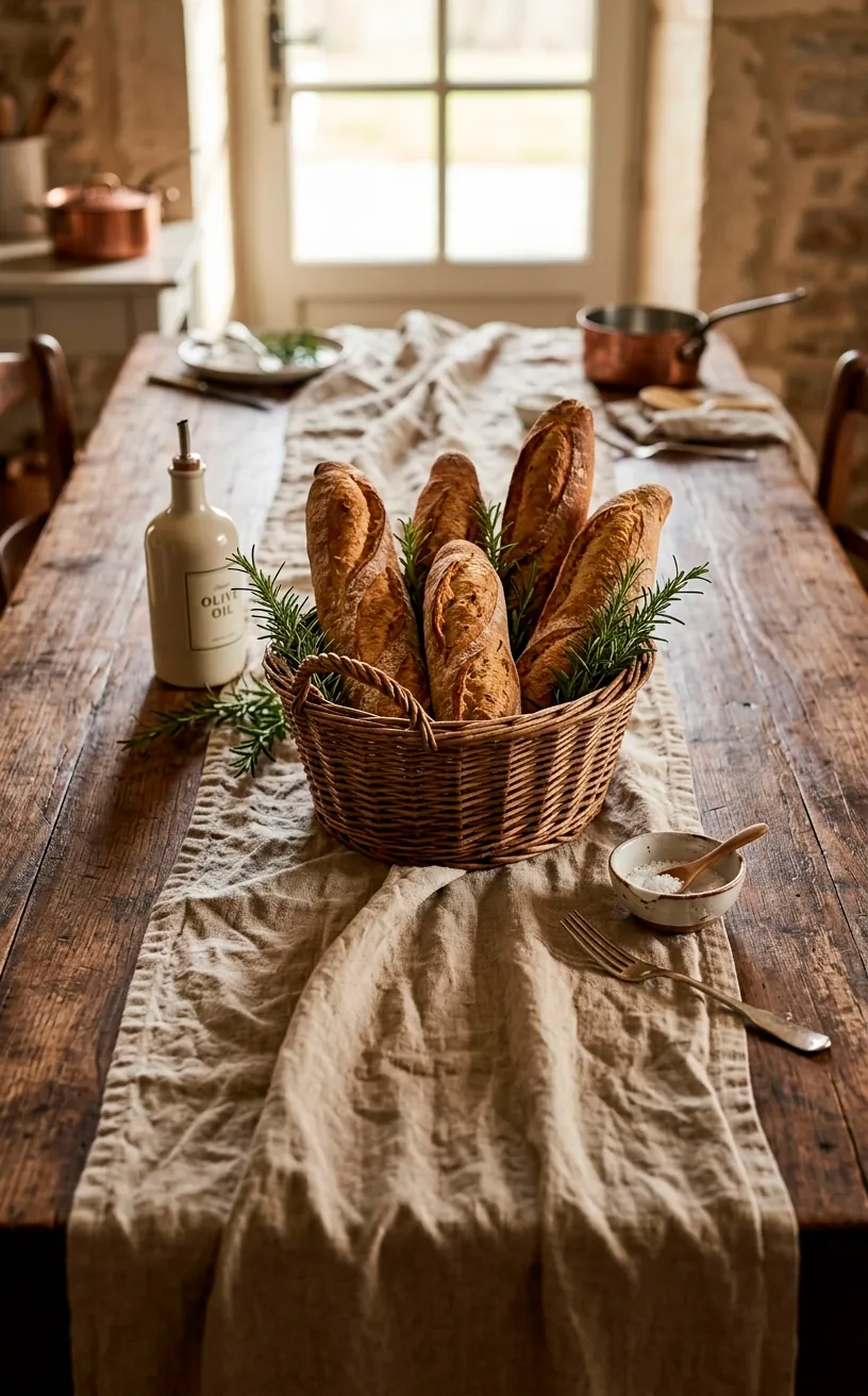 Hero shot of a rustic French farmhouse table with a linen runner and fresh bread in soft light.