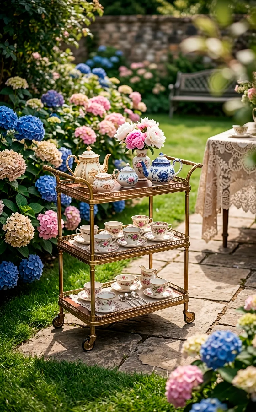 Vintage brass tea cart with antique porcelain teapots and floral cups in a spring garden.
