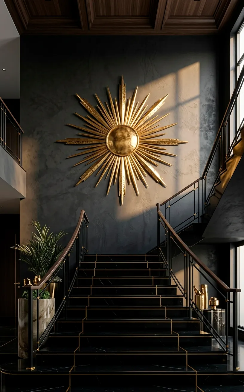 Dramatic charcoal staircase wall with large gold sunburst sculpture and marble steps.