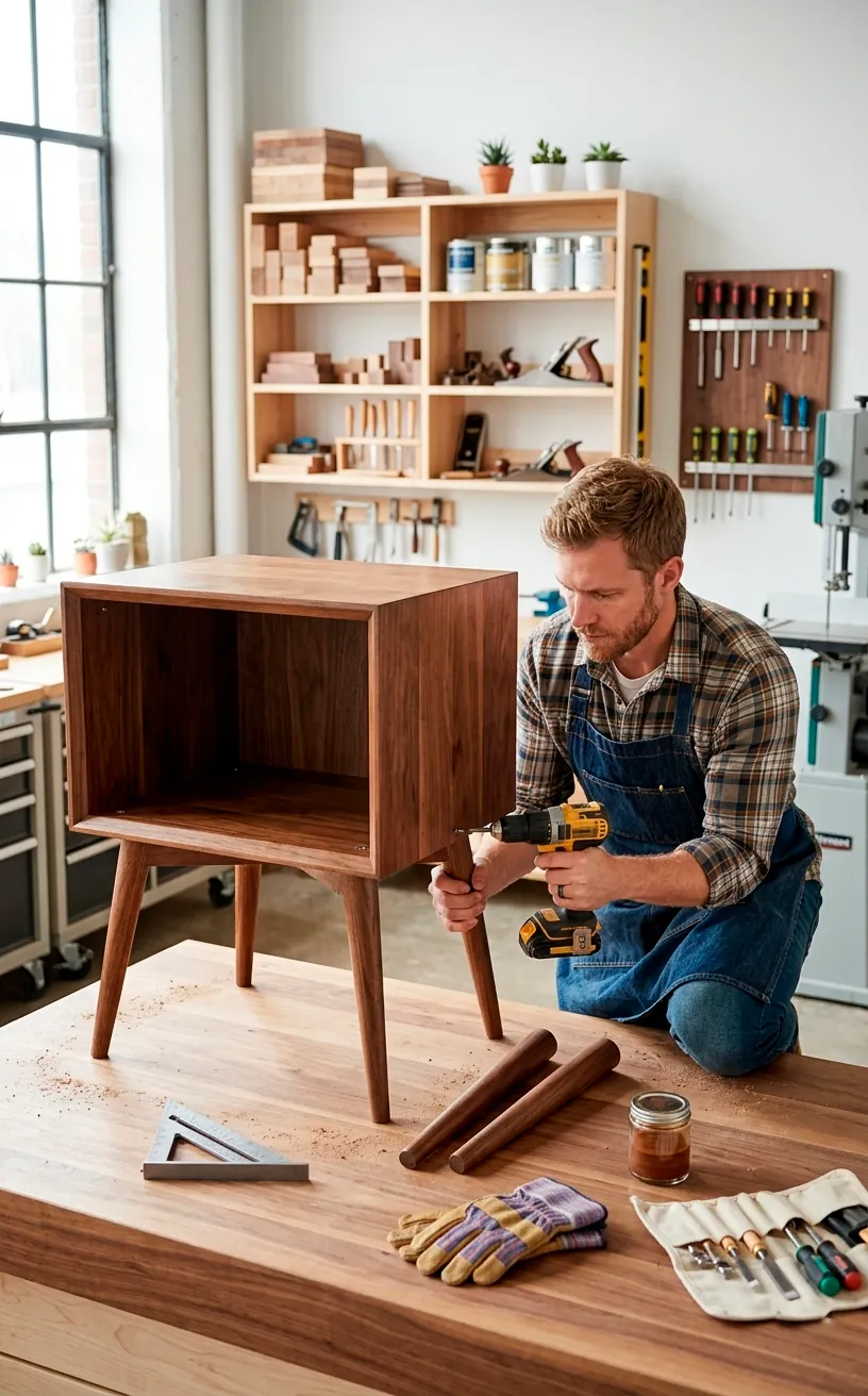 Restoring a mid-century nightstand by attaching new tapered wooden legs in a sunlit workshop.