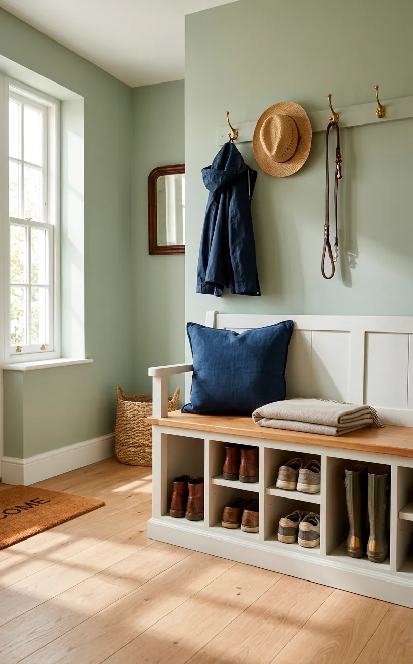 White Shaker storage bench with shoe cubbies in a bright, modern mudroom.
