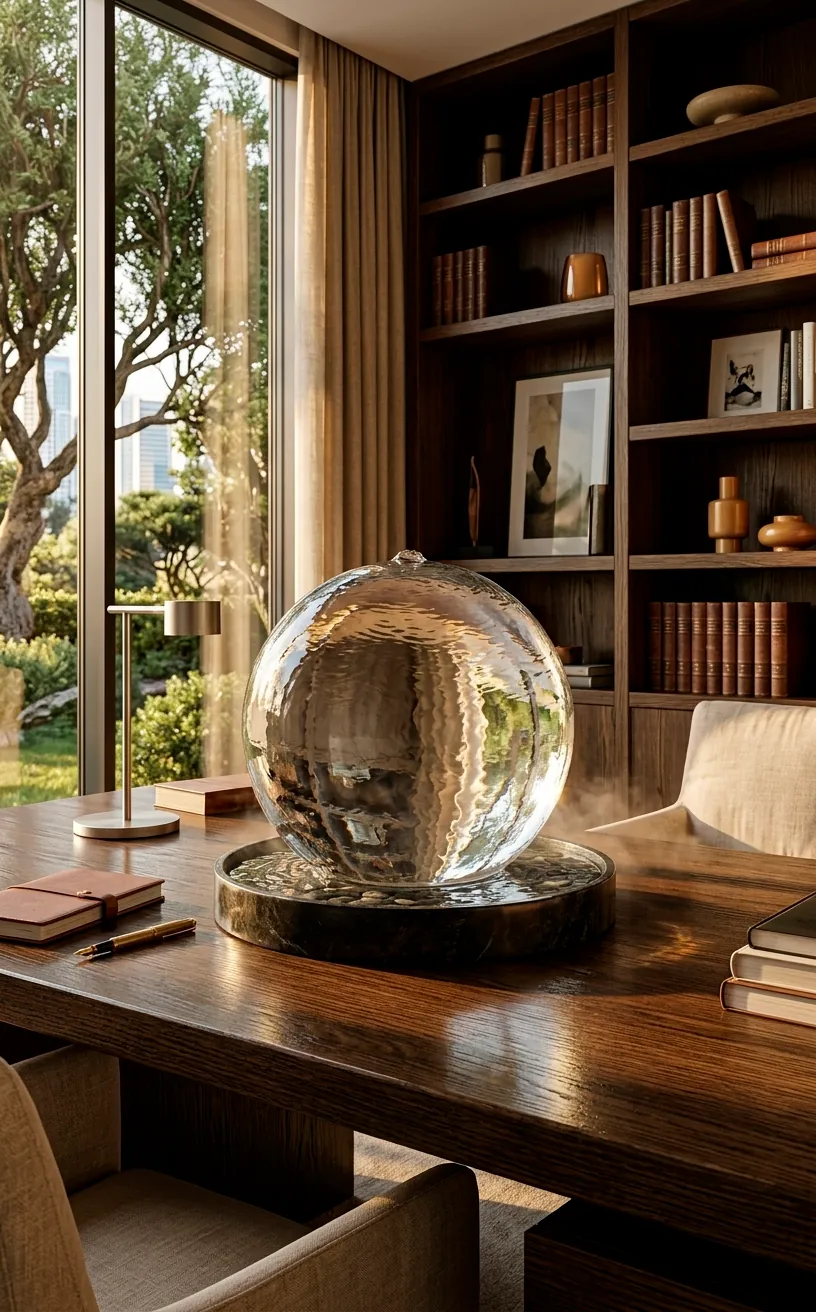 Luxury glass sphere fountain on a dark wood desk in a sunlit modern home office, realistic lighting.