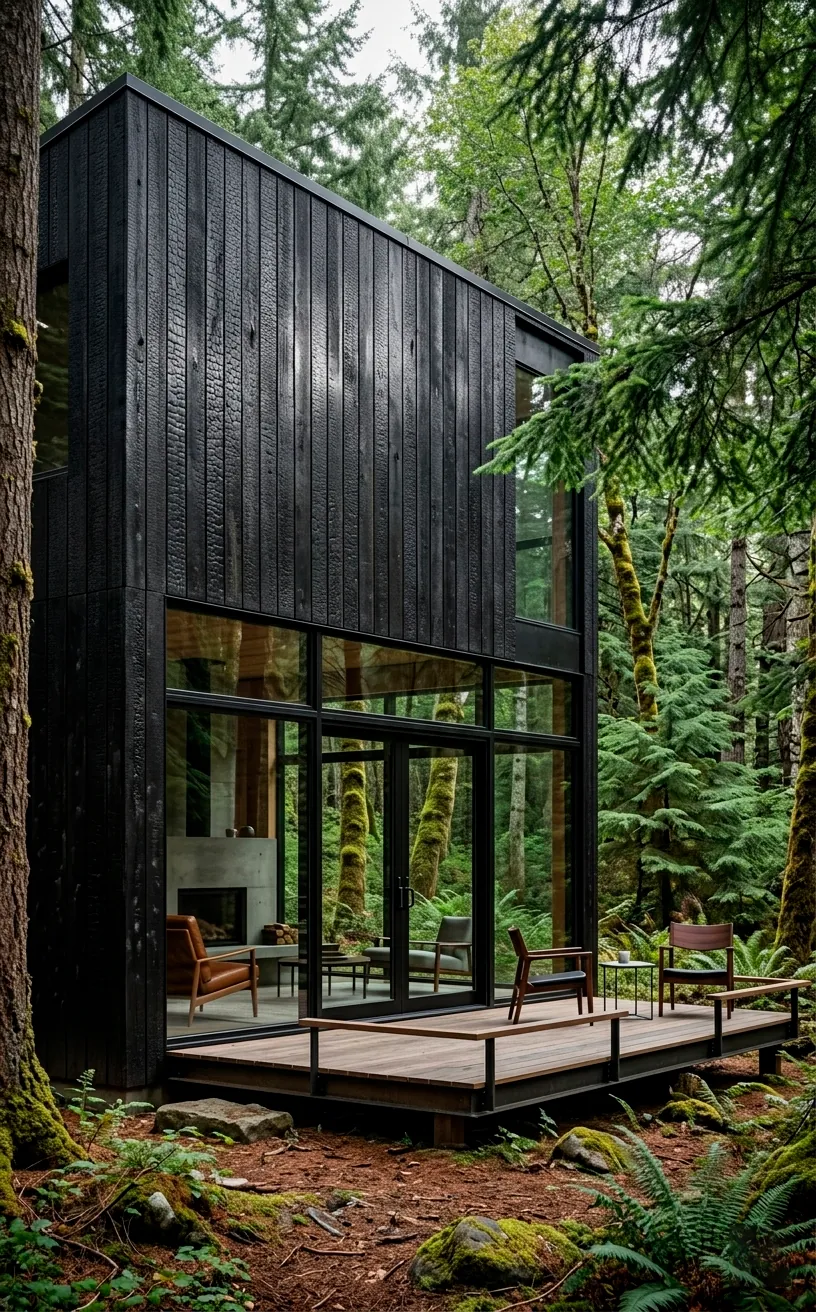 Luxury modern cabin with black charred wood siding in a forest setting.