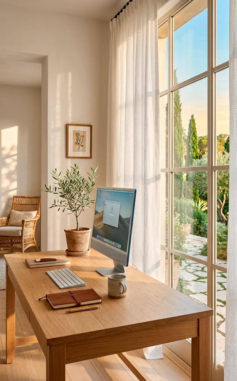Sun-drenched summer workspace with sheer linen curtains and an oak desk near a large window.
