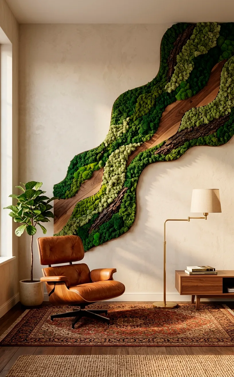 A creative flowing river moss art installation on a modern living room wall with a leather chair.