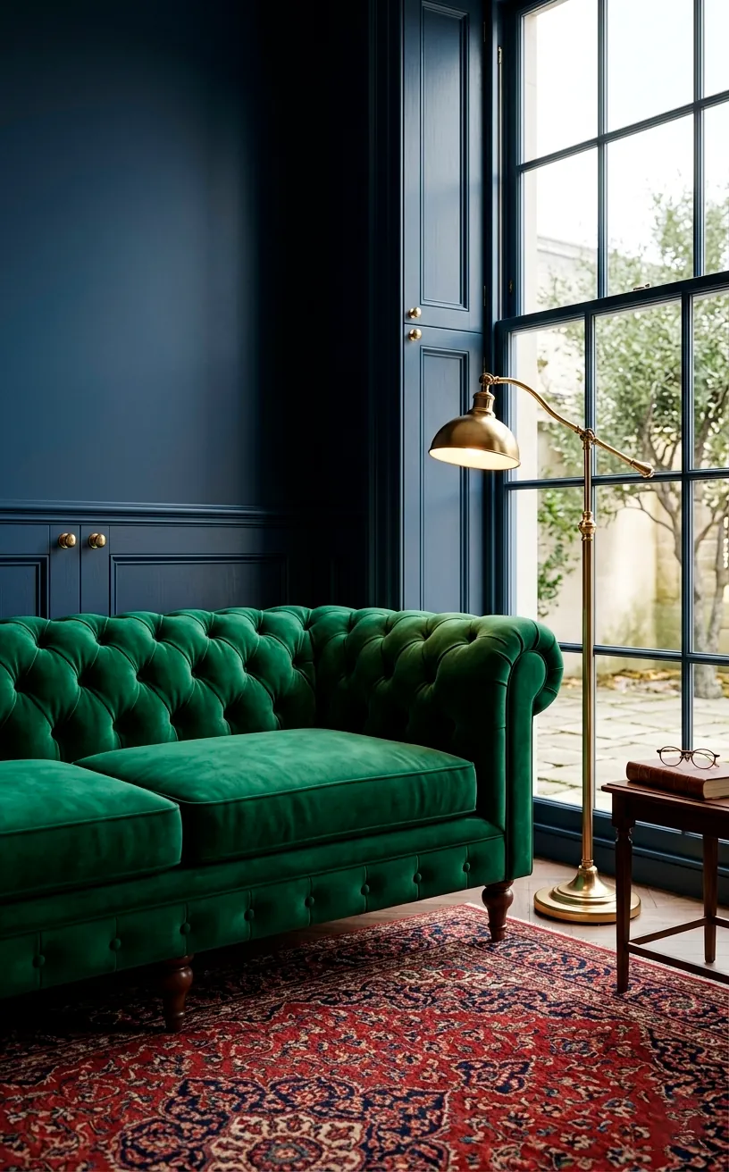 A regal emerald green velvet Chesterfield sofa with button tufting in a sophisticated blue room.