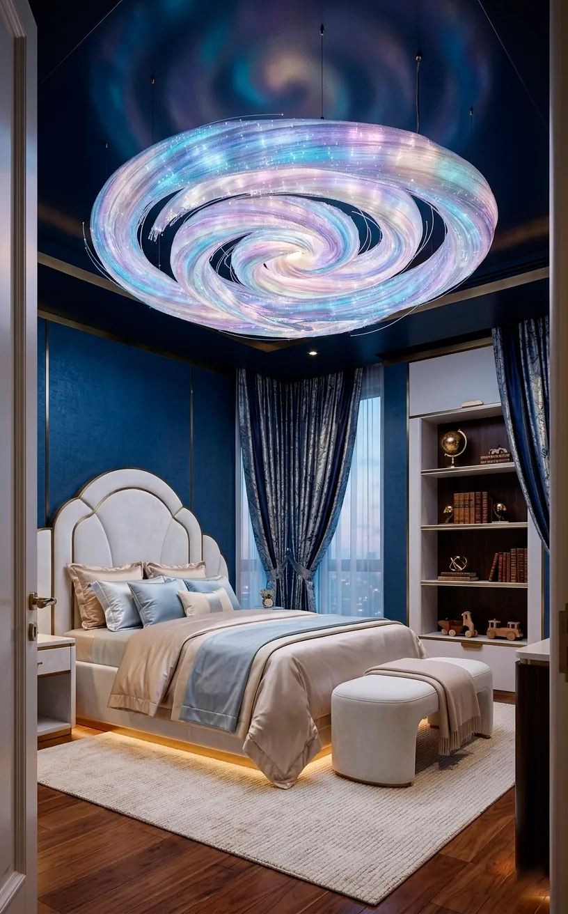 Bespoke fiber optic nebula chandelier in a luxury dark navy and white child's bedroom.