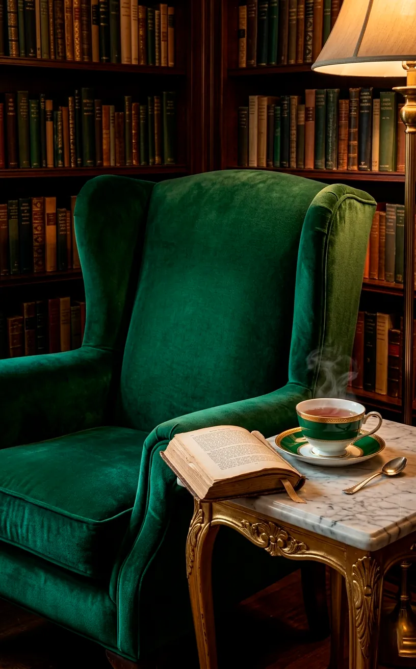 Emerald green velvet wingback chair in a moody home library setting with gold side table.