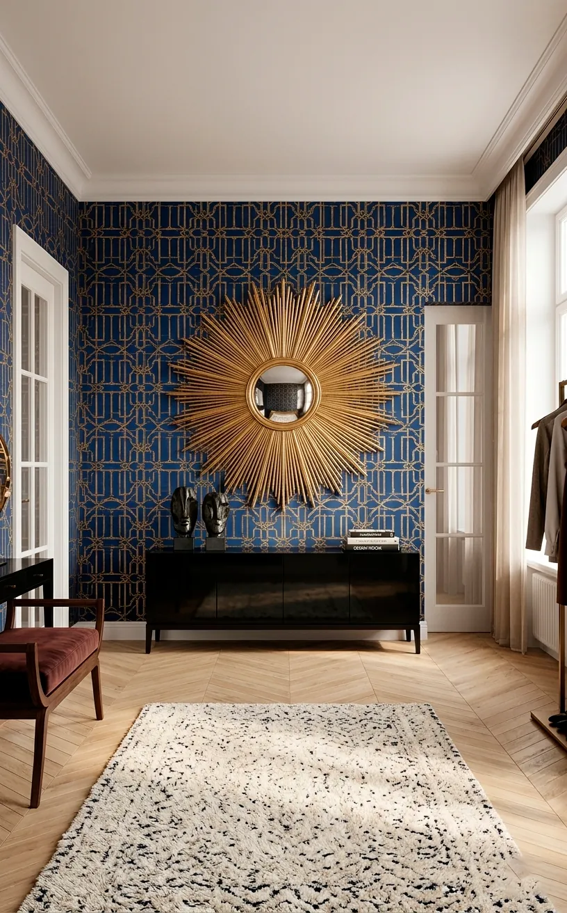 Art Deco dressing room with navy and gold geometric wallpaper and a large sunburst mirror.