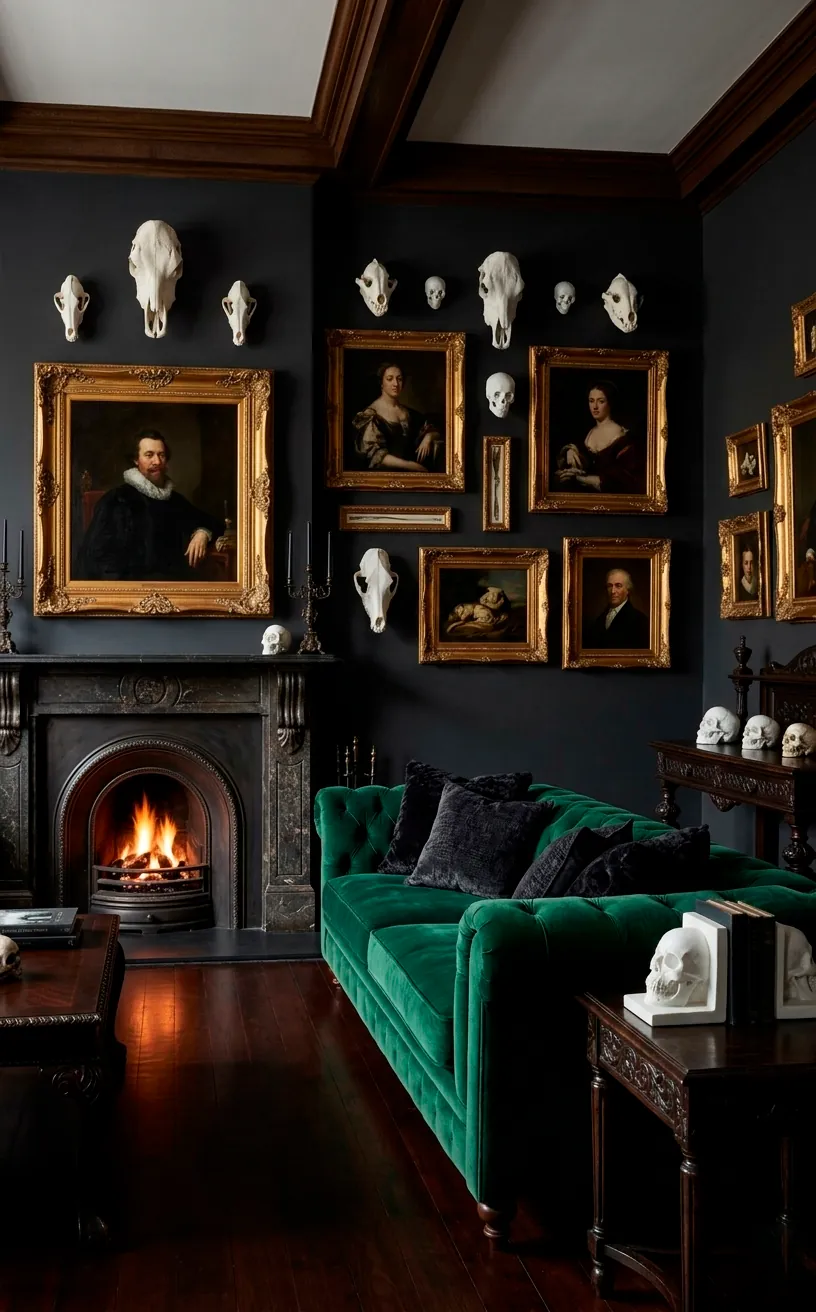 Moody Victorian living room with charcoal walls and dark velvet furniture.