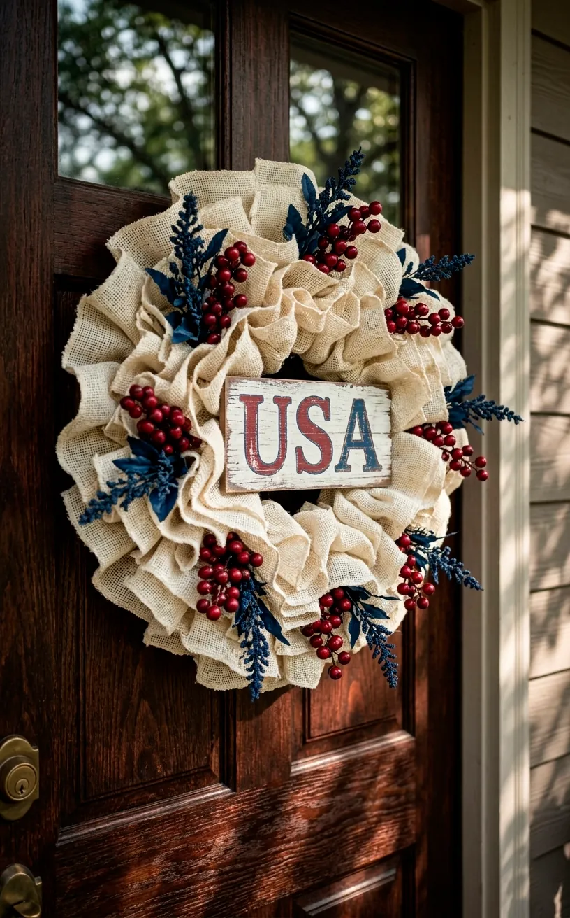 Cream burlap Memorial Day wreath with red berries and blue sprigs on a mahogany door.