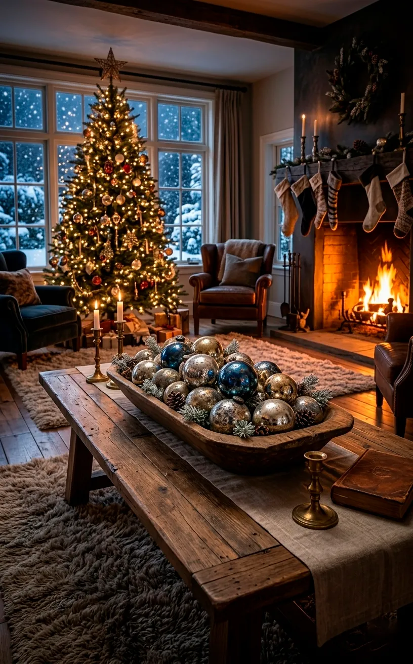 Rustic wooden dough bowl filled with antique mercury glass Christmas ornaments on a farmhouse table.