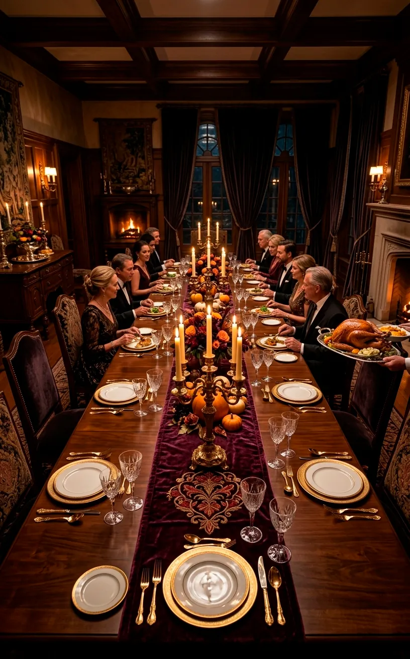 Luxurious Thanksgiving dining room with plum velvet runner and gold brass candelabras.