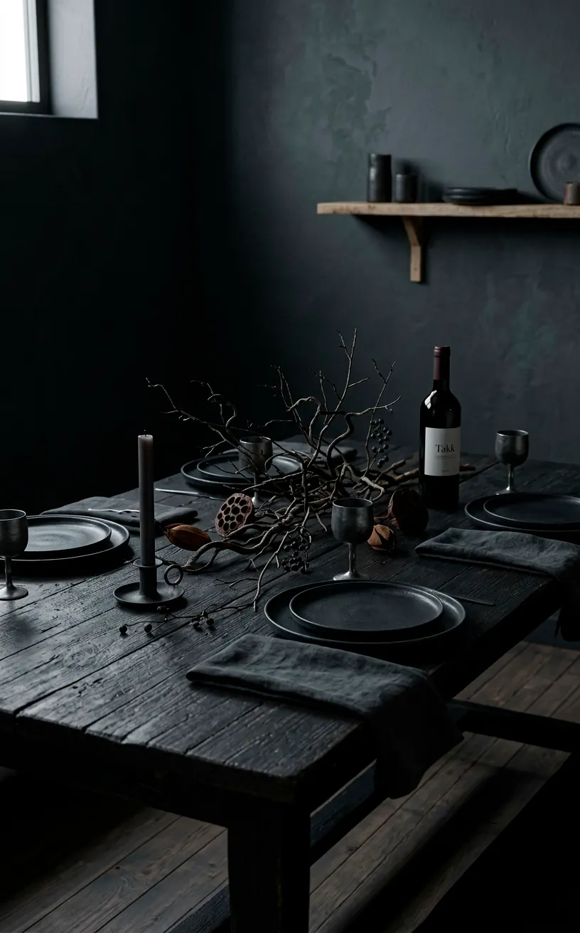 Full view of a moody Scandi-Noir dining room with a dark wooden table and minimalist settings.