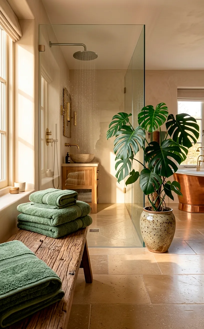 Plush sage green Turkish towels stacked on a wooden bench in a bright modern spa bathroom.