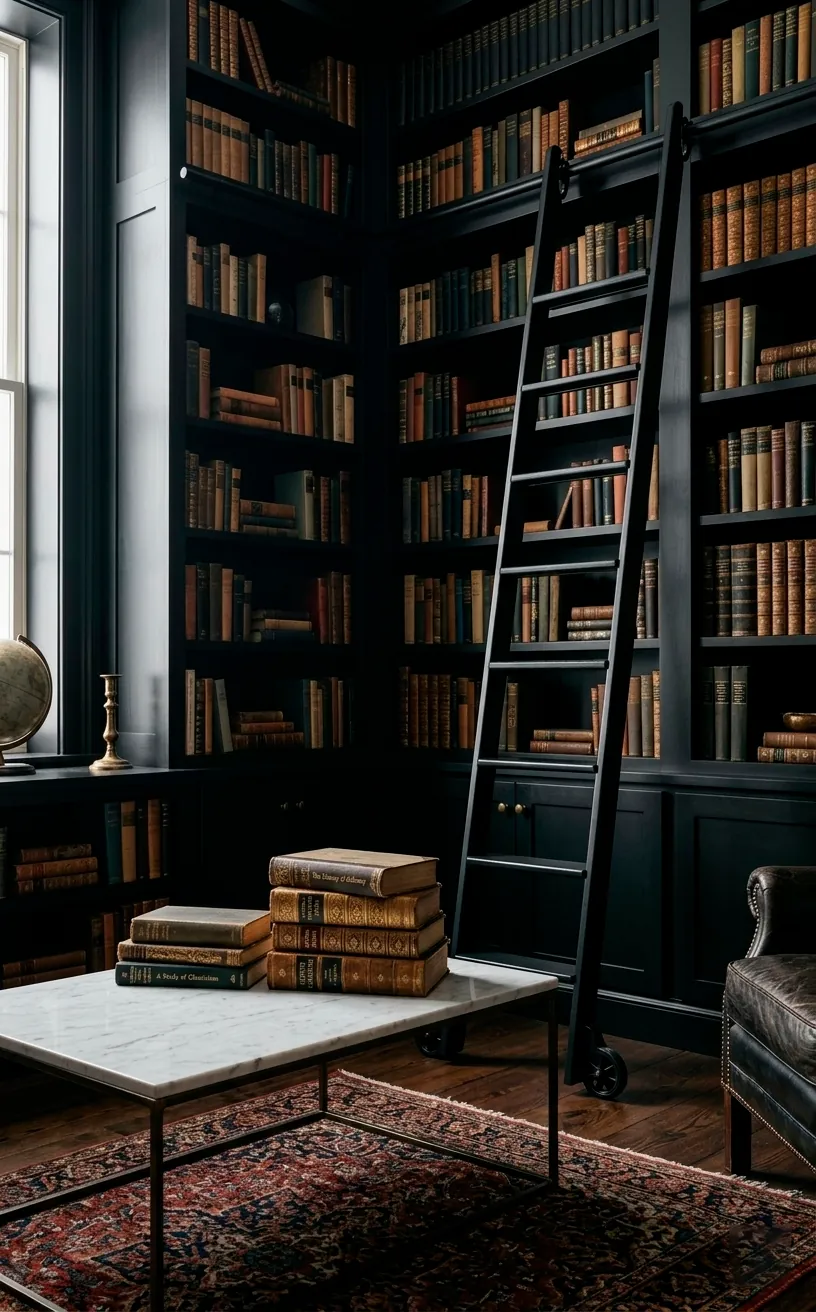Moody dark academia home library with black shelves, a rolling ladder, and white marble accents.