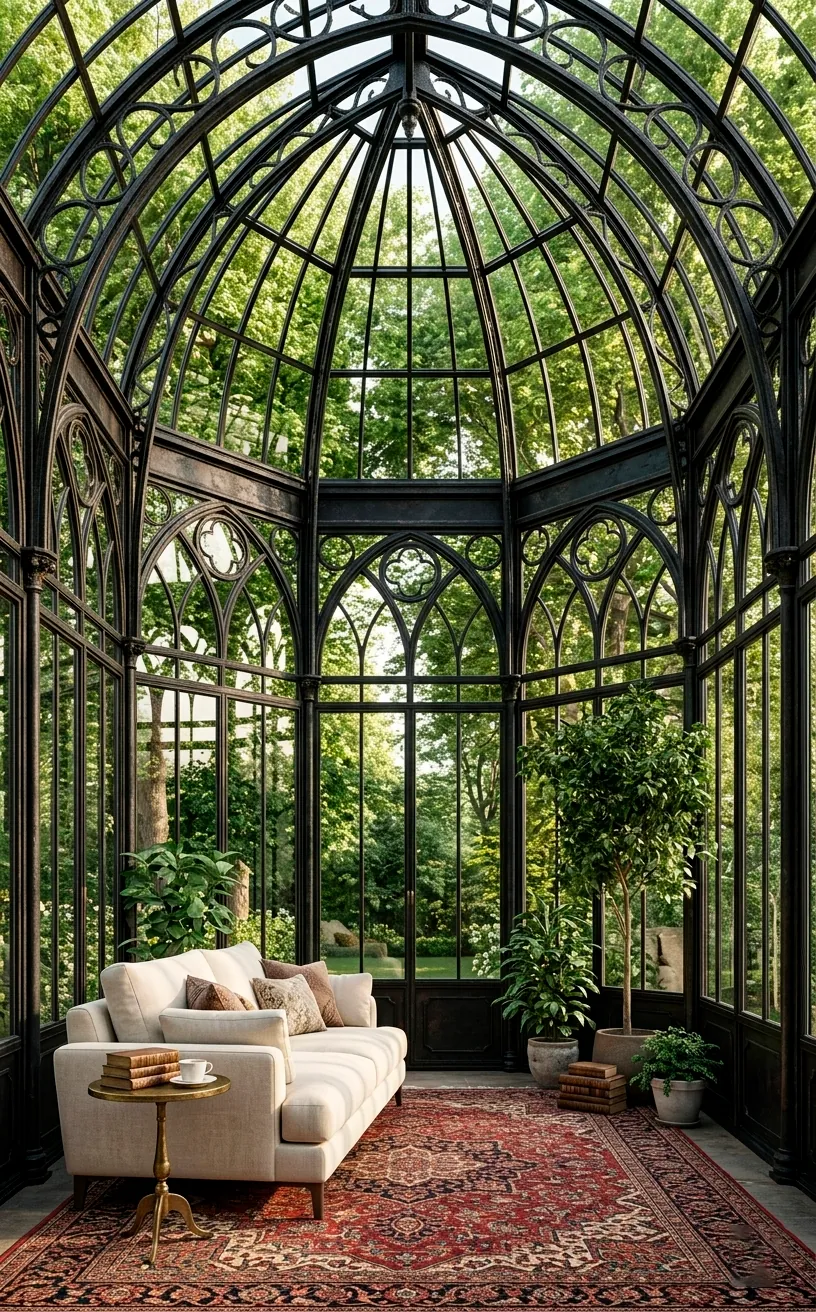 Stunning Victorian sunroom with black wrought iron frames and large glass windows overlooking a garden.