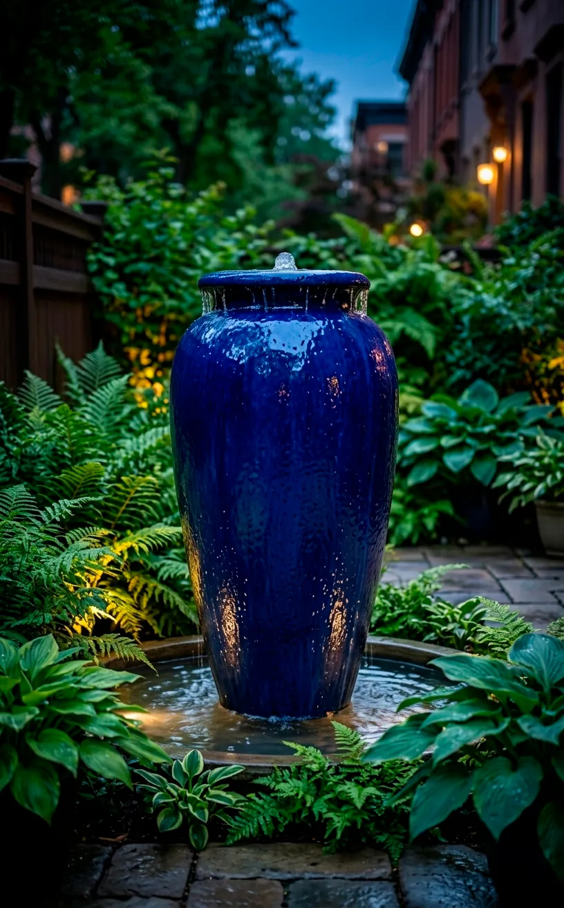 Luxury cobalt blue glazed urn fountain in a small lush patio garden.