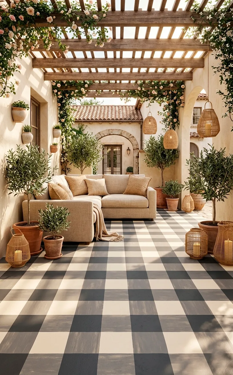 A Mediterranean patio with a charcoal and cream painted buffalo check floor pattern.