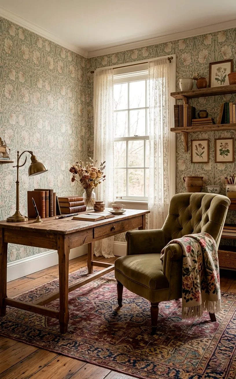Full view of a cottagecore home office with cream walls, lace curtains, and rustic wood furniture.