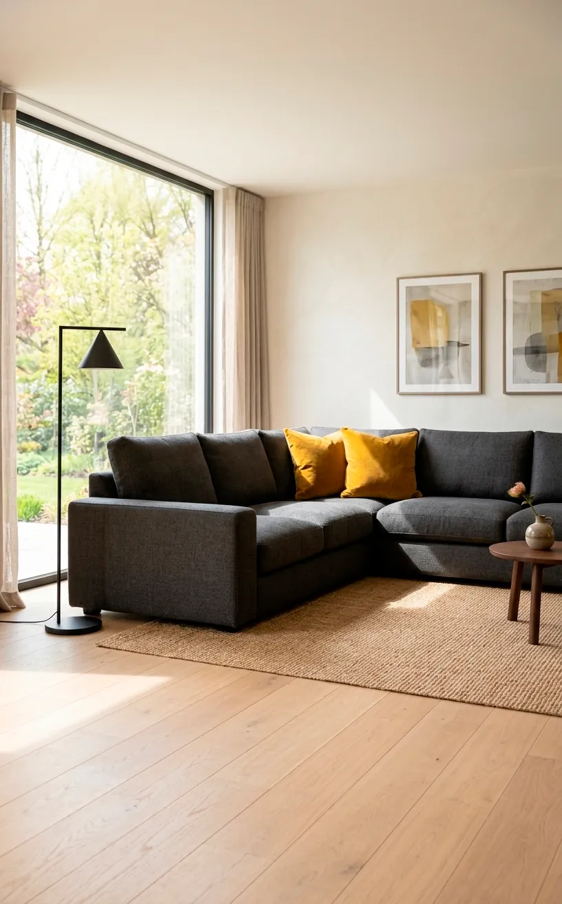 Mustard yellow velvet pillows on a charcoal grey sofa in a bright modern spring living room.