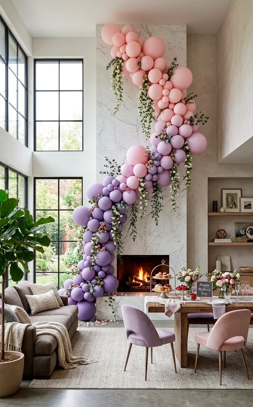 Luxury Mother's Day brunch with a large lavender to pink ombre balloon arch by a fireplace.