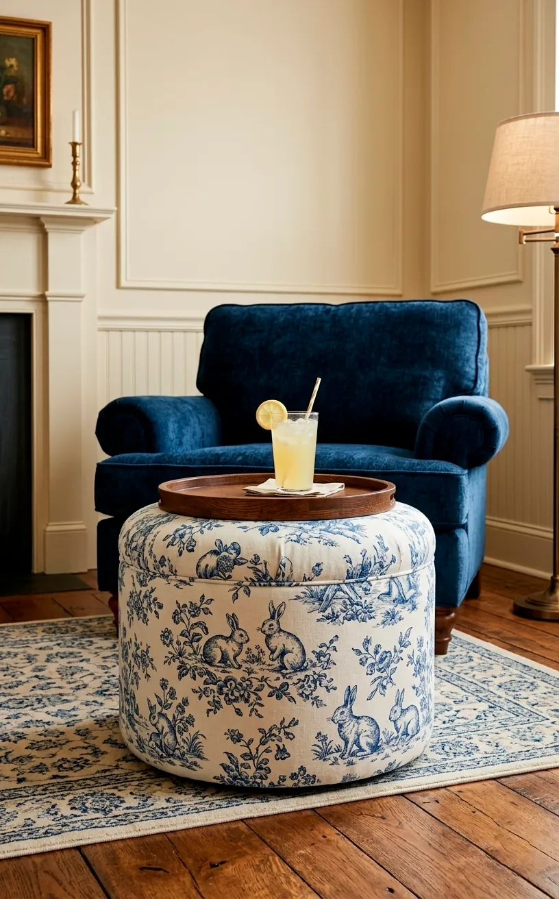 Round ottoman with a blue and white bunny toile pattern in a living room.