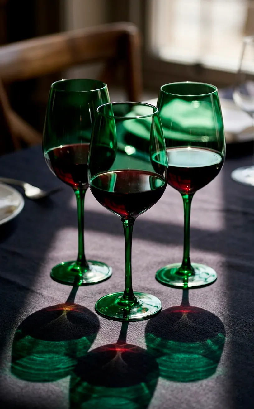Forest green wine glasses on a dark moody dining table.