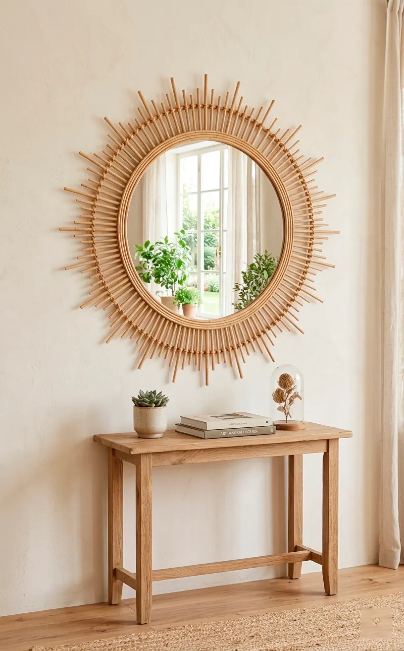 Large sunburst rattan mirror hanging on a wall reflecting light in a small room.