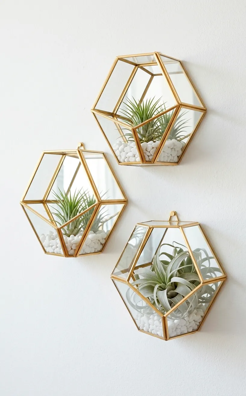 Three gold hexagonal wall terrariums with air plants on a modern white wall.