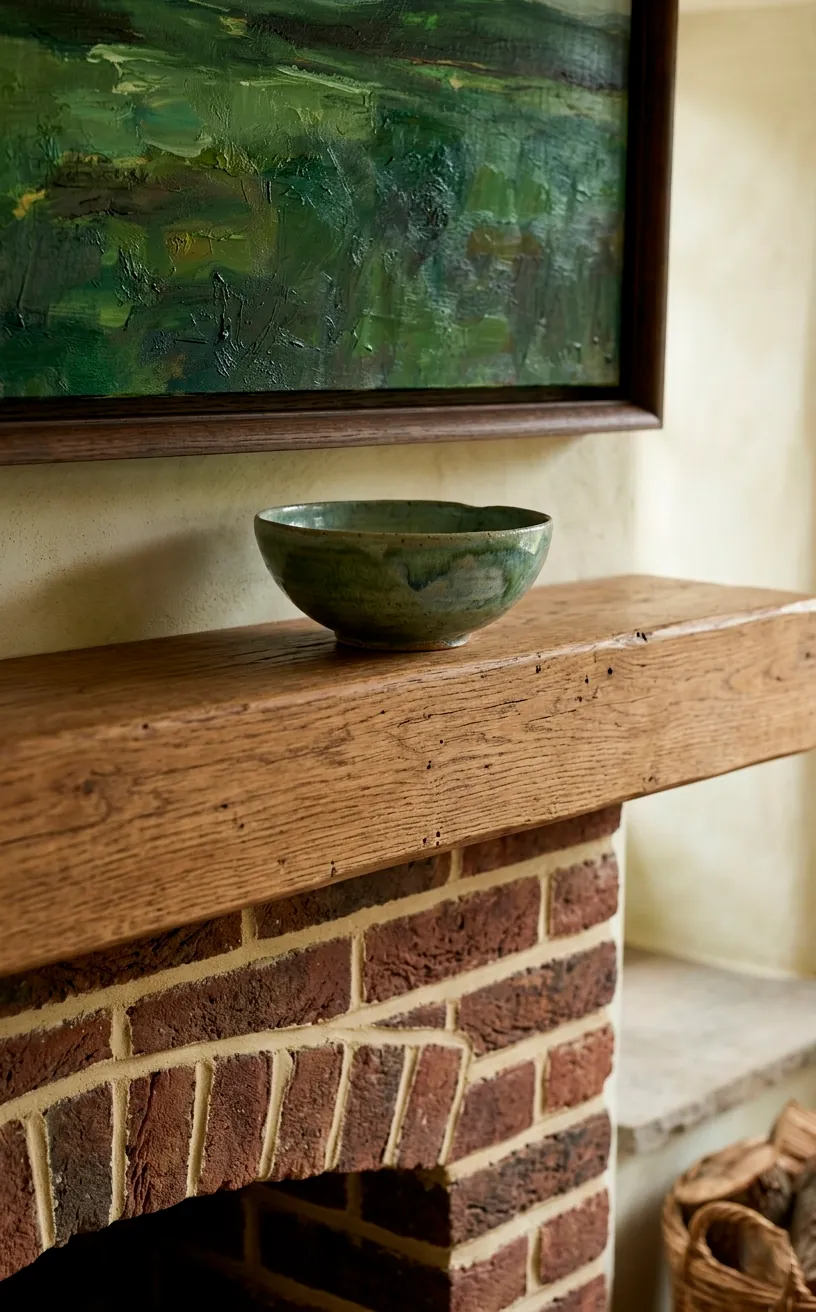 Vignette of a misty abstract painting and a ceramic bowl on a mantel.