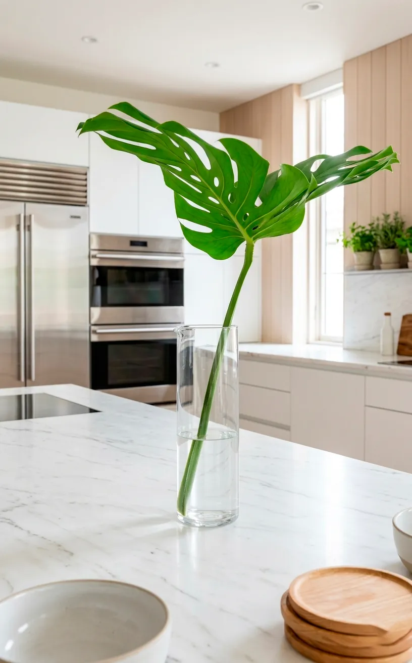 Single Monstera leaf in a glass carafe on a white marble kitchen island.