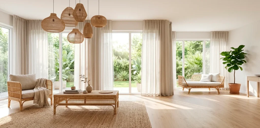 Wide landscape view of an airy small living room featuring natural woven rattan furniture and decor.
