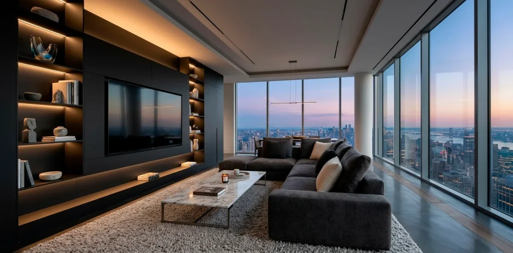 Large luxury living room with a seamless matte black modern TV wall unit and integrated LED lighting.