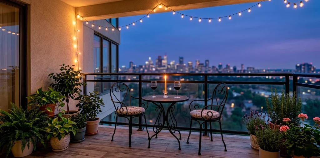 A wide view of a romantic small balcony decorated with string lights and a dinner table set for two at dusk.